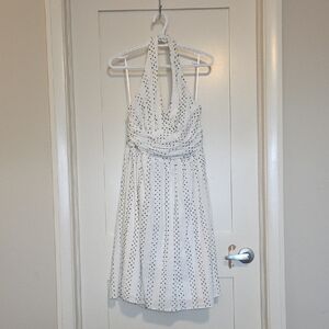 Karin Stevens Retro Pinup White V-Neck Halter Dress With Dots